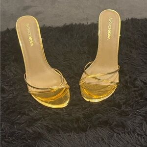 Fashion Nova Gold Stiletto Heels with Clear Straps